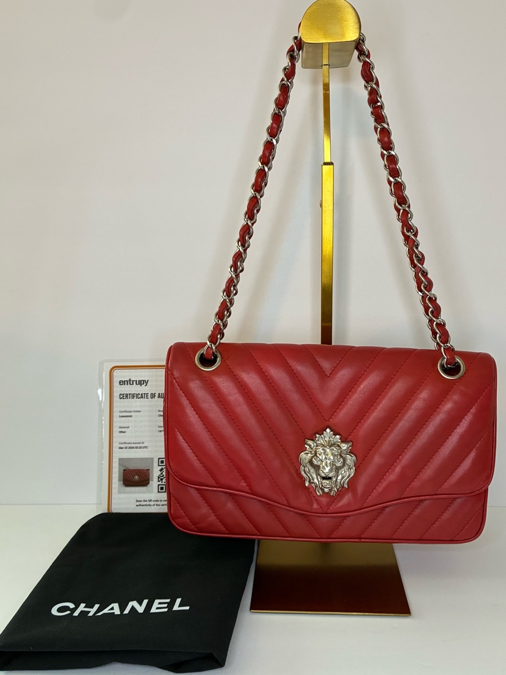Chanel Medium Red Chevron Lambskin Leo Lion Flap Pre-Loved